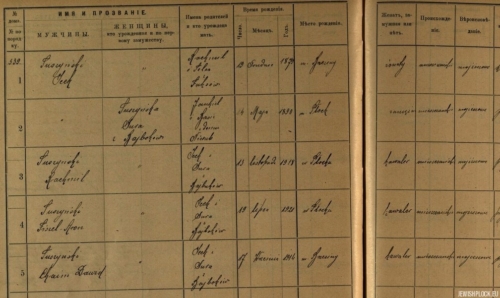 A fragment of the registry of the permanent population of the town of Brzeziny with an entry regarding the Tuszyński family (source: State Archives in Piotrków Trybunalski, department in Tomaszów Mazowiecki, files of the town of Brzeziny, reference number 27)